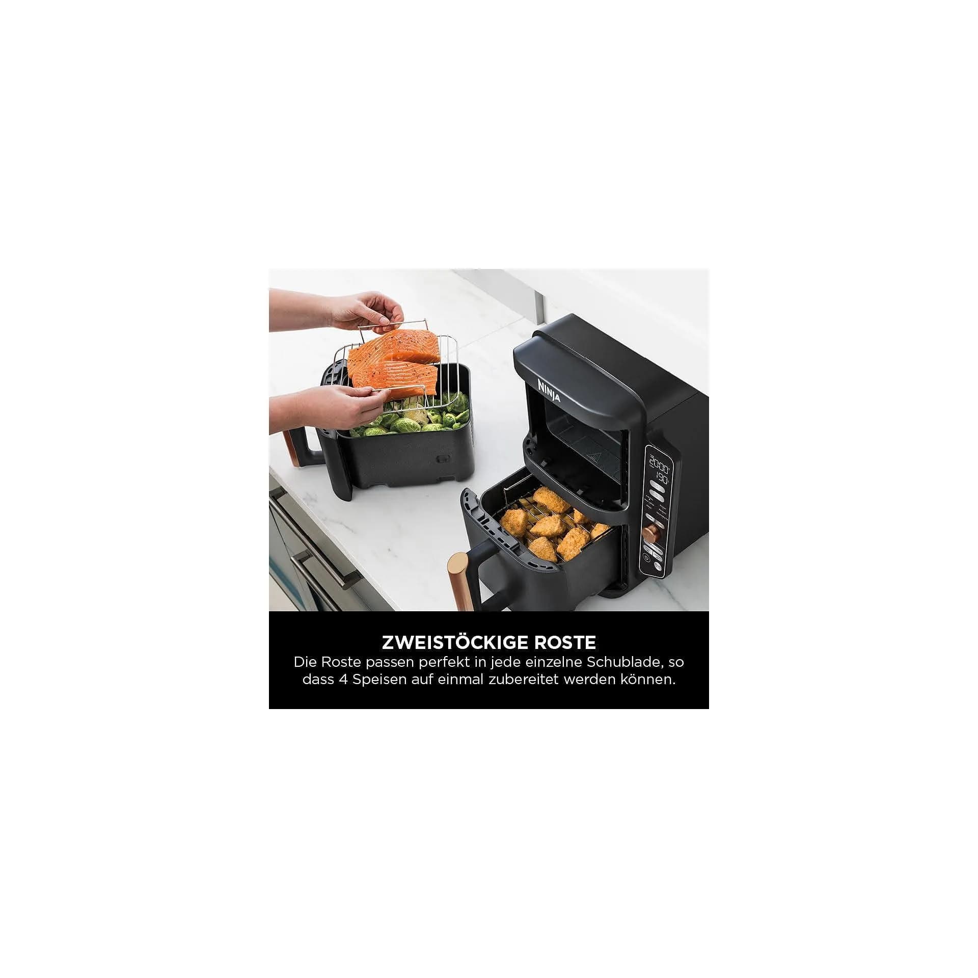Фритюрник с горещ въздух - Ninja SL400EUCP Double Stack XL 9.5L, 2 вертикални чекмеджета, 4 нива на готвене, 6 функции, капацитет за 8 порции, черен/меден 8