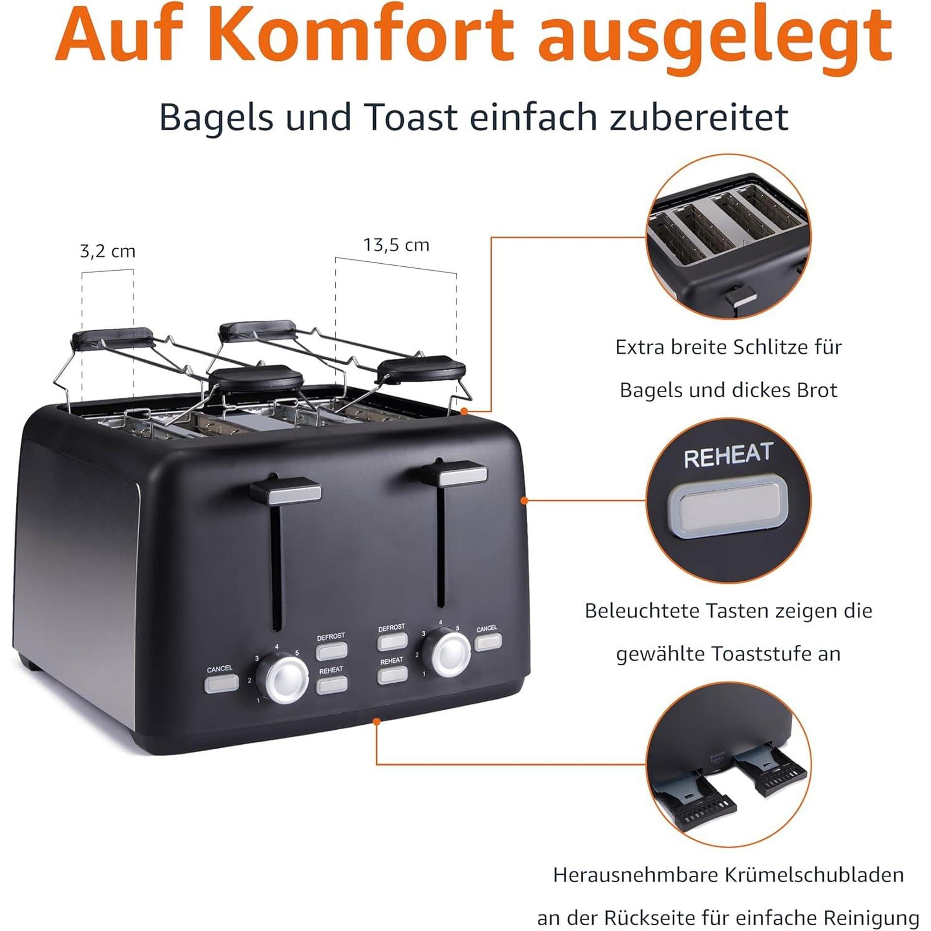 Тостер - Amazon Basics 4 филии 1500 W 7 степени на запичане 2