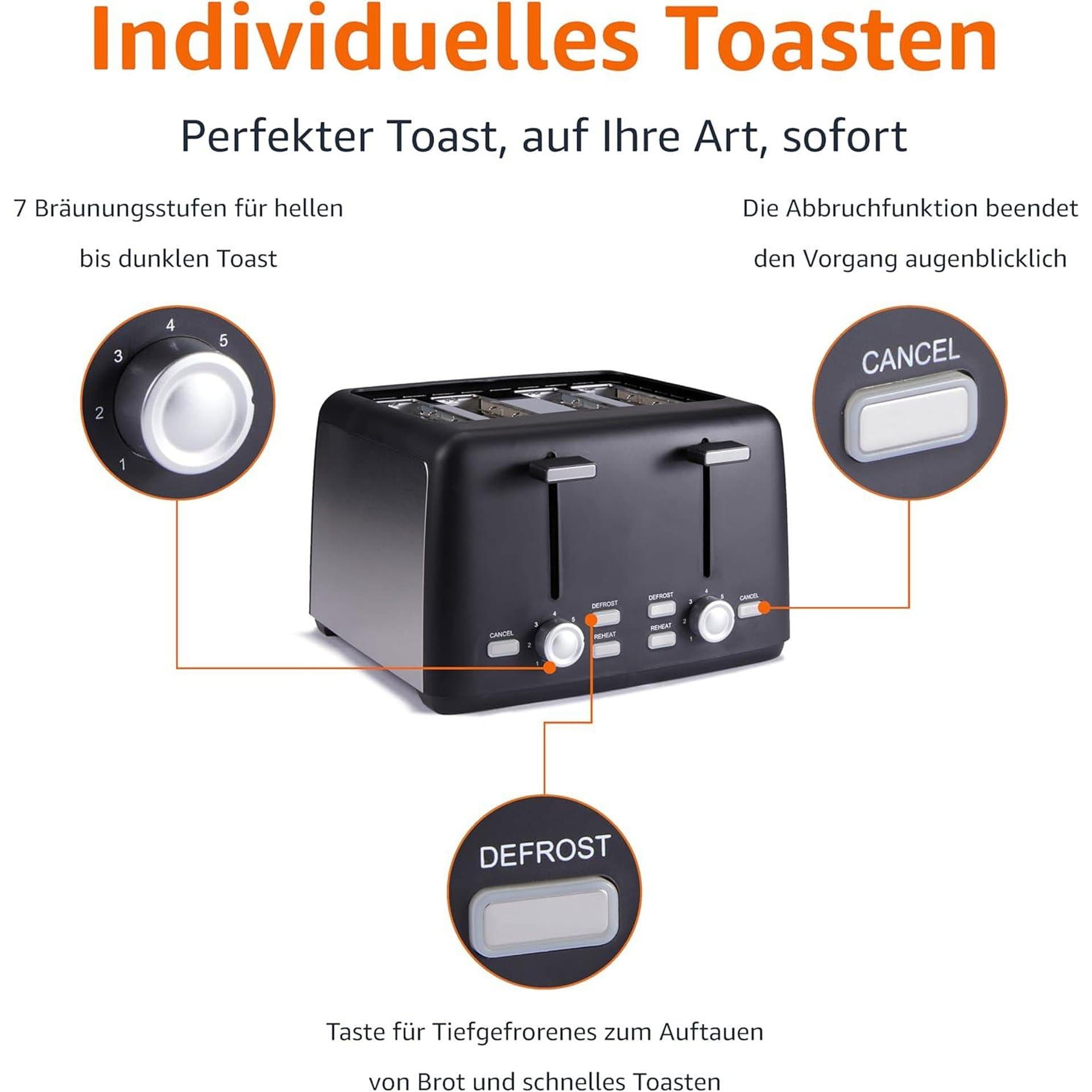 Тостер - Amazon Basics 4 филии 1500 W 7 степени на запичане 4
